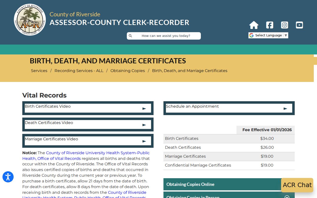 Banning people search Riverside vital records instructions