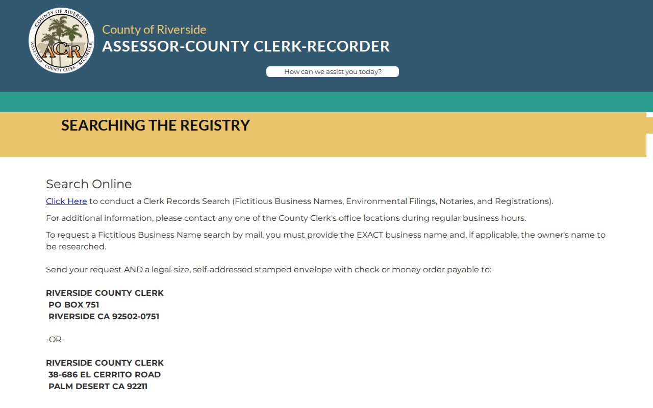 Banning public records Riverside clerk records search