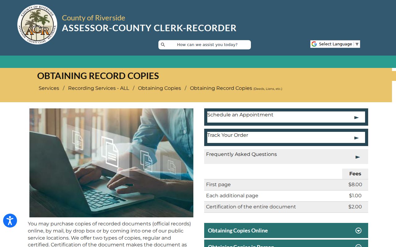 Banning public records Riverside recorder copy instructions